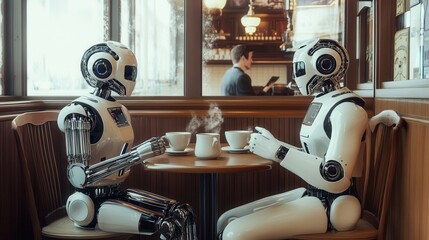 Futuristic humanoid robots enjoy coffee at a vintage café while a human waiter serves them. A surreal meeting of AI and classic hospitality.