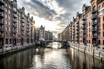 Naklejka premium Hamburg Canal Photography: Stunning Old Town Waterways, Picturesque Bridges, Historic Architecture, Romantic Scenery, German Cityscape