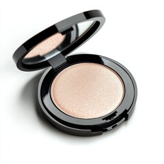 A small, round, white and black makeup compact with a mirror on top