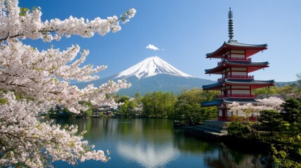Fototapeta premium Cherry blossoms, Mount Fuji, and a pagoda by a lake