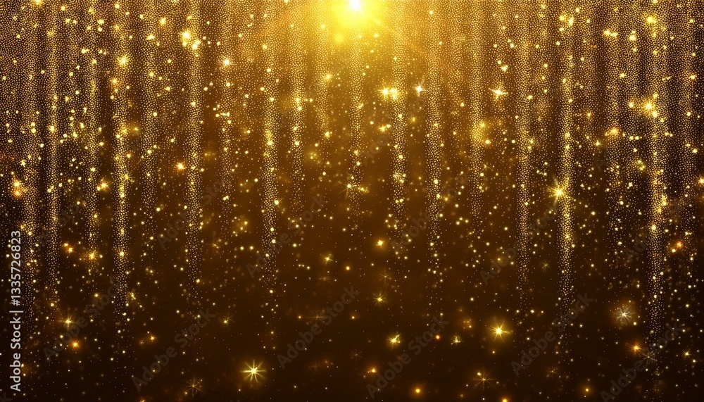 Poster background with falling golden glitter particles. falling gold confetti with magic light. beautiful 