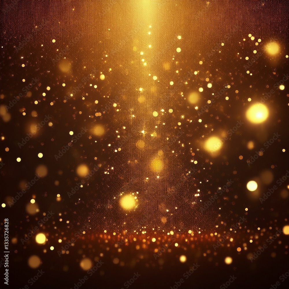 Poster background with falling golden glitter particles. falling gold confetti with magic light. beautiful 
