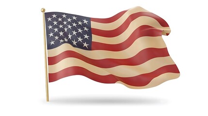 Fototapeta premium Waving American flag on a gold pole, isolated on white background.