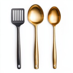 Three utensils, a spatula, a ladle, and a spoon, are shown on a white background