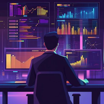 A professional analyzing data on computer screens in a modern office environment, showcasing technology and productivity.