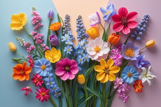Vibrant Spring Floral Arrangement with Colorful Blooms on Soft Pastel Background