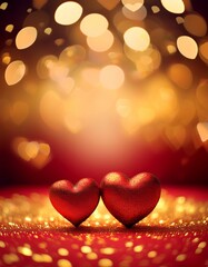 A beautiful bokeh golden background with two red hearts representing love in honor of Saint Valentine's Day. Golden bokeh in the shape of hearts on a red background. Celebrating Valentine's day