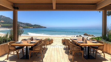 Fototapeta premium Outdoor beachside dining. Wooden deck overlooking a calm ocean