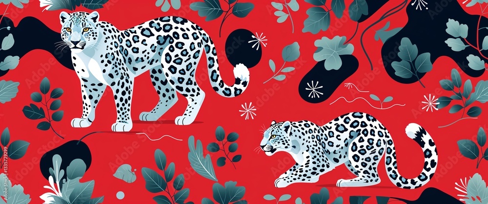 Poster snow leopard pattern on red plain background digital abstract art work illustration design