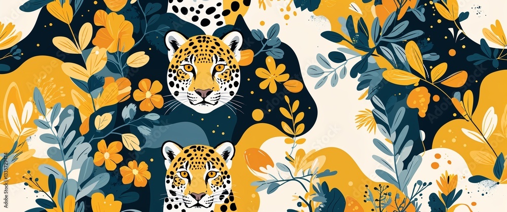 Poster snow leopard pattern on yellow plain background digital abstract art work illustration design
