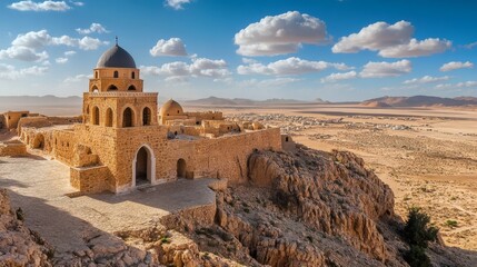 Fototapeta premium Ancient stone structure dominates the landscape with a clear blue sky