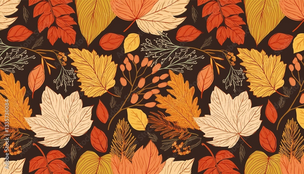 Poster seamless repeat pattern with autumn leaves illustration. wallpaper design. scrapbook page. autumn se