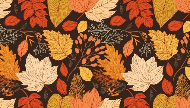 Seamless repeat pattern with autumn leaves illustration. Wallpaper design. Scrapbook page. Autumn seamless pattern with fall leaves and twigs. Texture for wallpaper, web page background