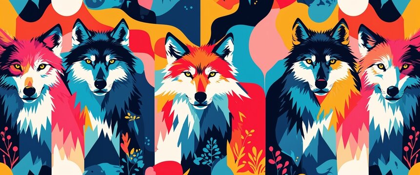 wolf pattern on colorful plain background digital abstract art work illustration design