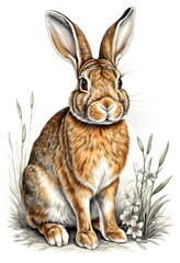 Fototapeta premium Close-up of a rabbit sitting in a grass with flowers in bloom