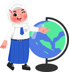 Cheerful Student Pointing at Globe