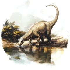 Obraz premium A serene scene depicting a dinosaur drinking water beside a tranquil river in a prehistoric landscape.