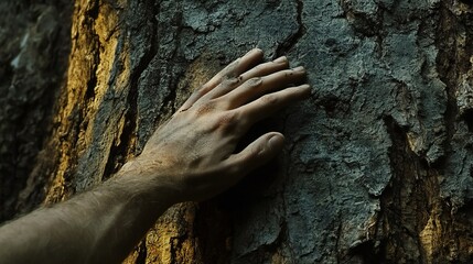 Touching the Ancient Tree: A hand gently caresses the rough, textured bark of a massive tree, revealing a story of time, growth, and nature's resilience.