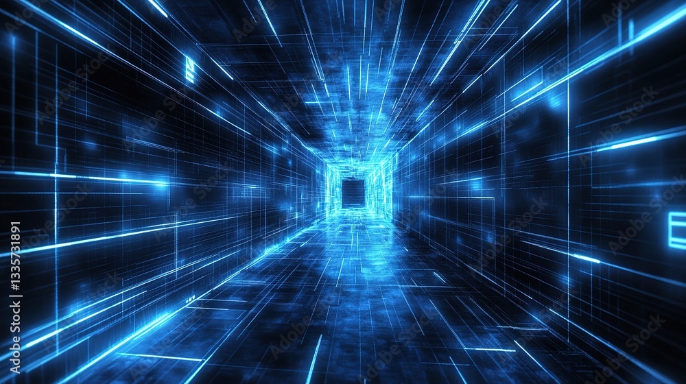 Poster cyber corridor: an immersive digital tunnel composed of glowing lines and intricate networks, evokin