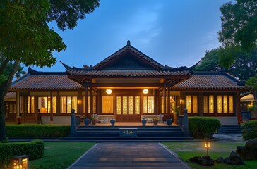 Obraz premium Illuminated Traditional Asian House at Dusk
