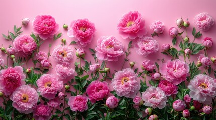 Obraz premium Pink peony blossoms arranged on a pink background
