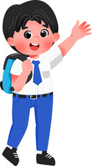 Playful Student Waving with Backpack Illustration