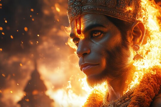 Lord Hanuman depicted in a powerful divine pose, showcasing strength and spirituality. Intricate details of muscles and traditional clothing.