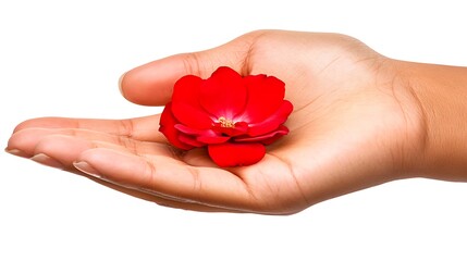 A single red flower gently cupped in a person's hand.