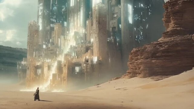 A lone man walked through the vast desert, his silhouette contrasting against the backdrop of a stunning futuristic building that rose majestically from the sandy landscape. The structure, with its sl