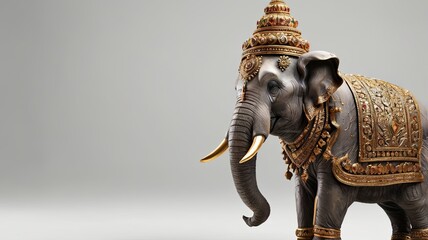 A gold and silver elephant statue with a gold crown on its head