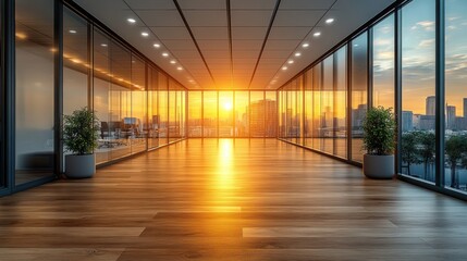 Fototapeta premium Golden Hour Office Panorama: A Modern Workspace with Stunning Cityscape Views at Sunset