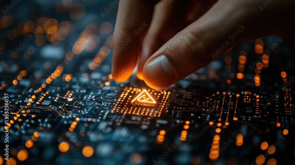 Poster illuminated circuitry: a fingertip's precision on a glowing microchip
