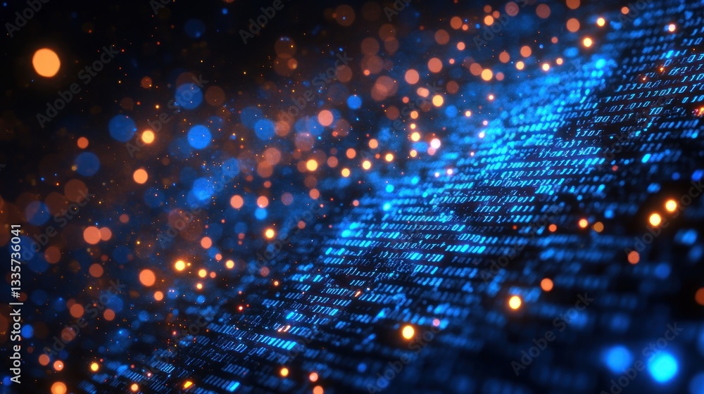Poster abstract digital data stream: blue and orange glowing particles and binary code