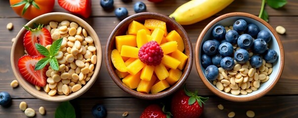 A colorful array of gluten free cereal bowls filled with healthy grains and fruits on a wooden table, gluten free, wooden table , cereal