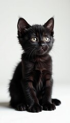 Adorable black kitten sitting elegantly on white background, little, sitting, animal