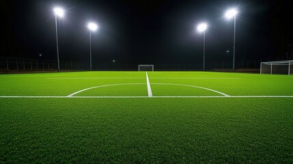 Fototapeta premium Nighttime Soccer Field: The image captures the emptiness of a soccer field at night. Bathed in the glow of stadium lights, the meticulously groomed grass reveals the absence of players.