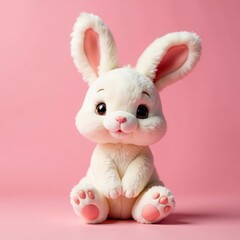 Adorable fluffy rabbit toy with big ears sitting on pink pastel backdrop, decor, easter bunny, springtime