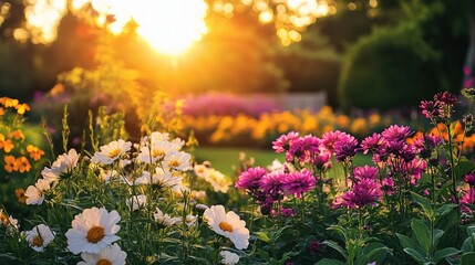 Fototapeta premium Blooming Floral Garden: A vibrant scene of a flower garden in full bloom under the bright sunlight, radiating a sense of peace and serenity