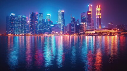Fototapeta premium Night View of Singapore Skyline with Water Reflection