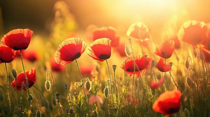 Fototapeta premium Golden Hour Poppy Field: A vibrant field of red poppies sways gently in the breeze, illuminated by the warm glow of the setting sun, creating a scene of serene beauty and natural splendor.