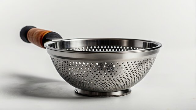A metal colander with a wooden handle sits on a white background