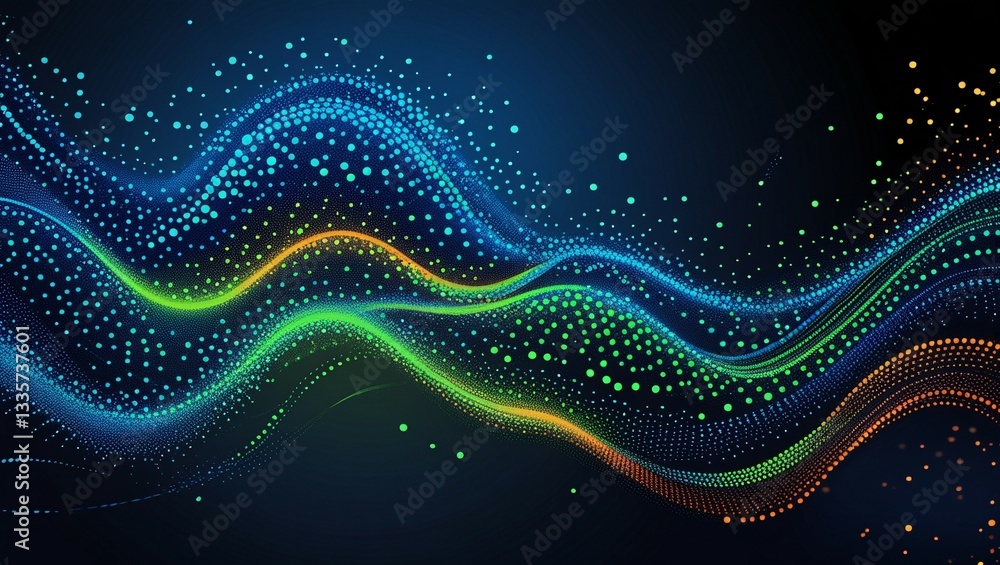 Leinwandbilder abstract background design featuring undulating waves of tiny, radiant dots that morph into flowing particles
