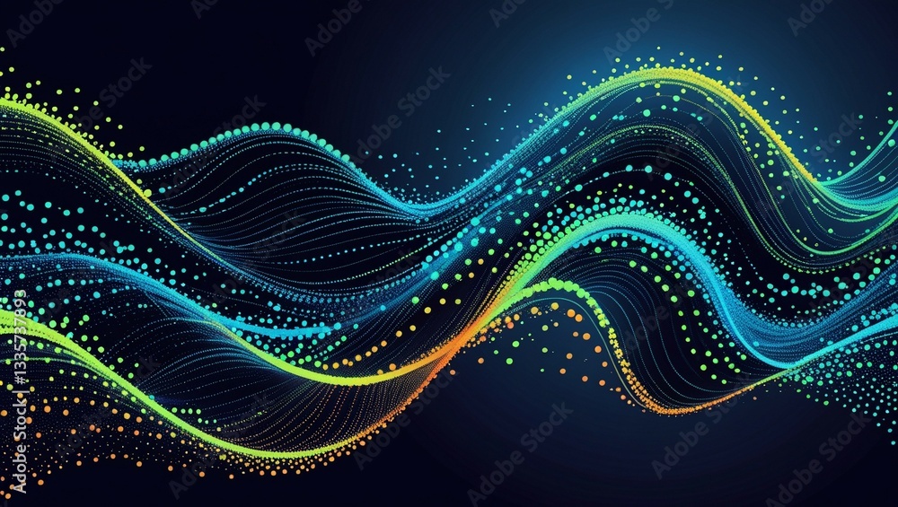 Poster abstract background design featuring undulating waves of tiny, radiant dots that morph into flowing 