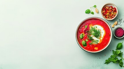 Minimalist food photography of Russian borscht, rich beet soup with sour cream and dill, right-aligned on a white table, soft neutral backdrop