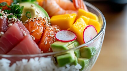 Delicious Hawaiian Poke Bowl  Tuna  Salmon  Shrimp  Avocado  Mango