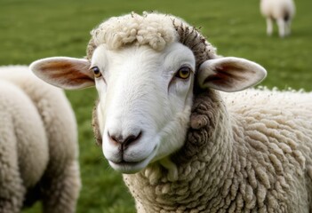Fototapeta premium Two sheep stood in a meadow looking at the camera
