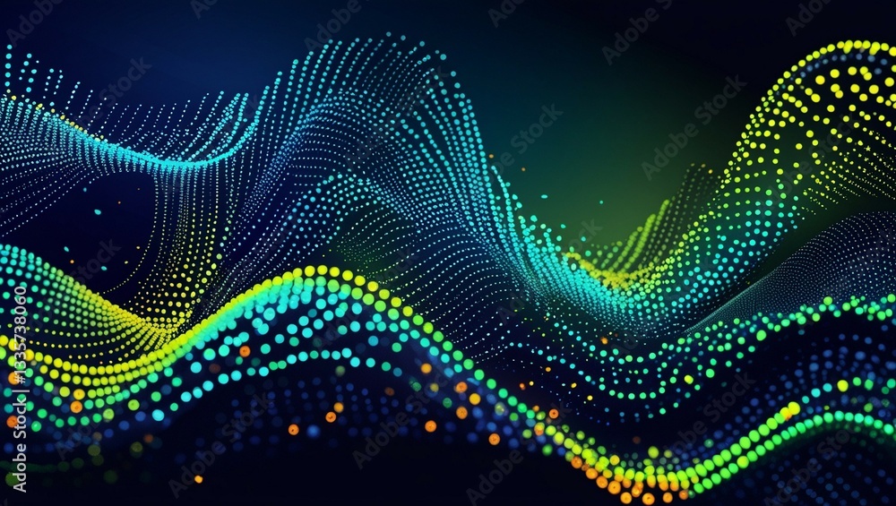 Poster abstract background design featuring undulating waves of tiny, radiant dots that morph into flowing 