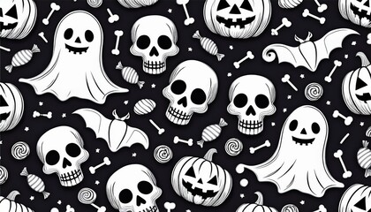 Seamless halloween pattern with scull bat ghost pumpkin bone candies white and black.