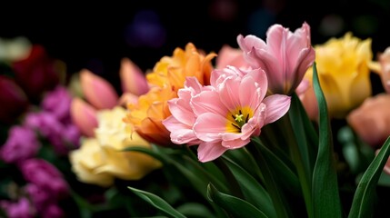 Fototapeta premium Spring Tulips Bouquet Pink Yellow Orange Flowers Closeup