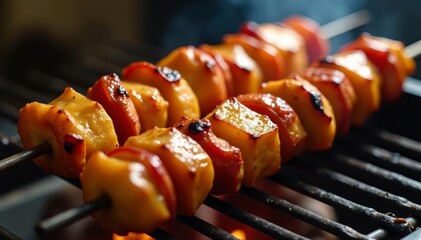 Close-up of succulent souvla skewers roasting on traditional Cypriot spit, close-up, Cyprus, succulent